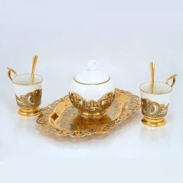 Two-person coffee set with sugar bowl and tray