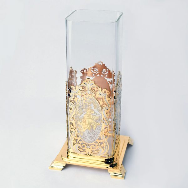 Handmade glass vase in a gold base. Fine jewelry