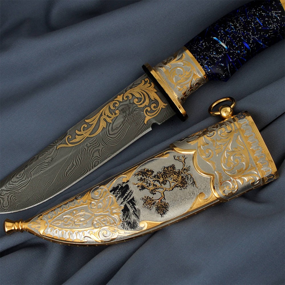 Handmade knife made in the style of Zlatoust metal engraving