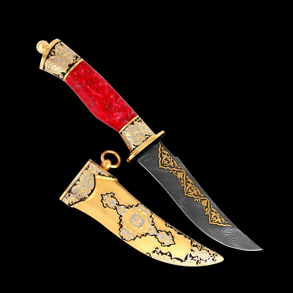 Luxurious arabian knife with a red hilt and stylish scabbard decorated with traditional ornament.