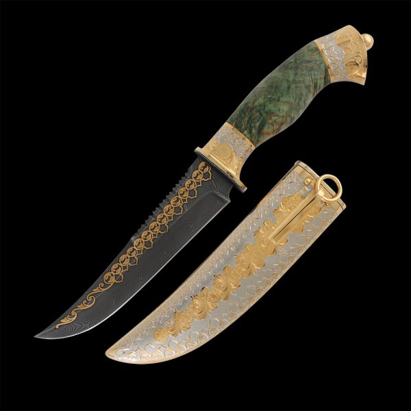 Hilt woodis impregnated with special solutions, compounds (fillers) in order to improve its physical and working properties. The blade is made of damask steel. The butt has a row of teeth. The blade is decorated with a gold pattern.