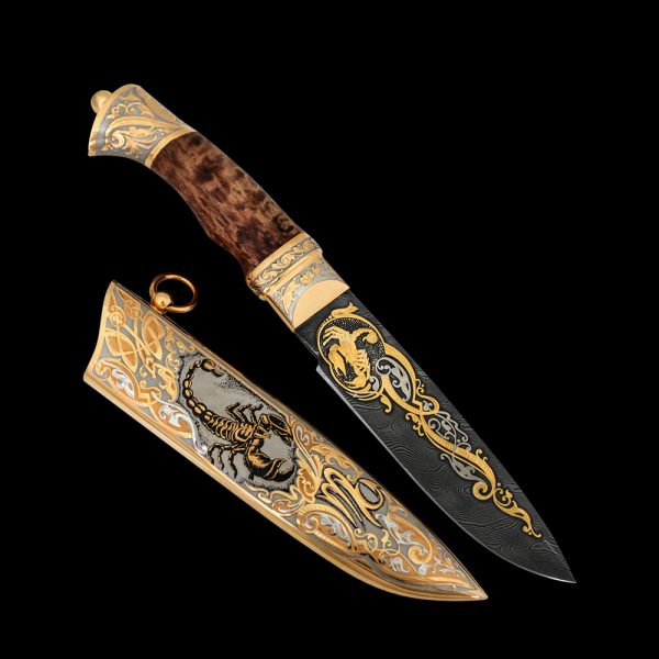 Gift knife - Scorpio. Damascus steel blade, wood hilt and all-metal sheath gold plated