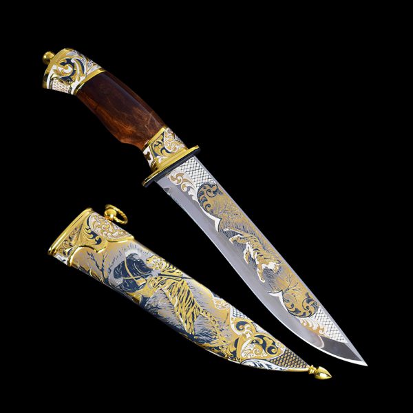 Handmade knife with a golden tiger pattern