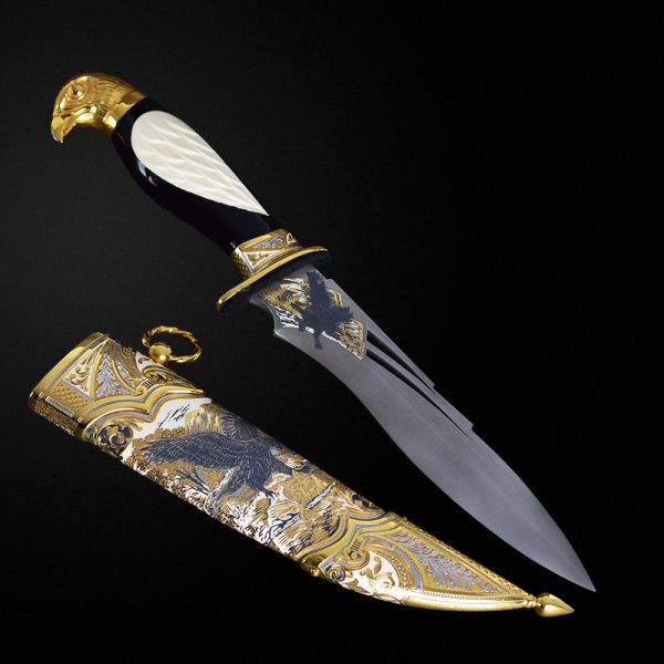 Luxury handmade knife with gold sheath decorated with art engraving