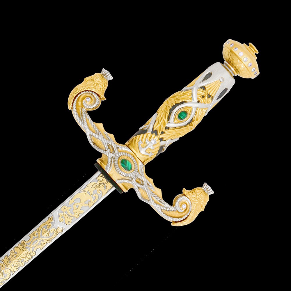 The stylet is made in a marine style. Decorated with castings, jewelry stones, and gold