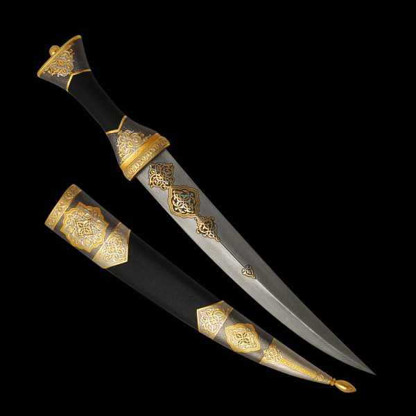 Luxurious handmade oriental dagger. A dagger made of gold and damask steel will become the center of your collection.
