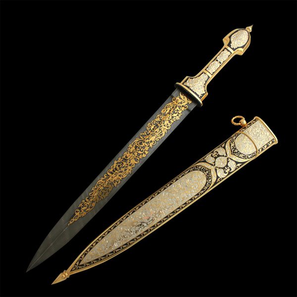 Stylistic correspondence to historical patterns, integral composition and magnificent engraving with gilding elevates this dagger to a high artistic and technical level.