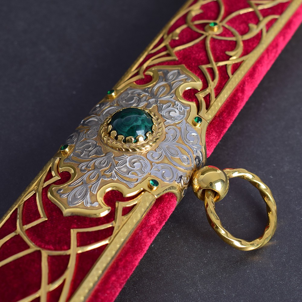 Saber scabbard decorated with crystals and stones of green malachite