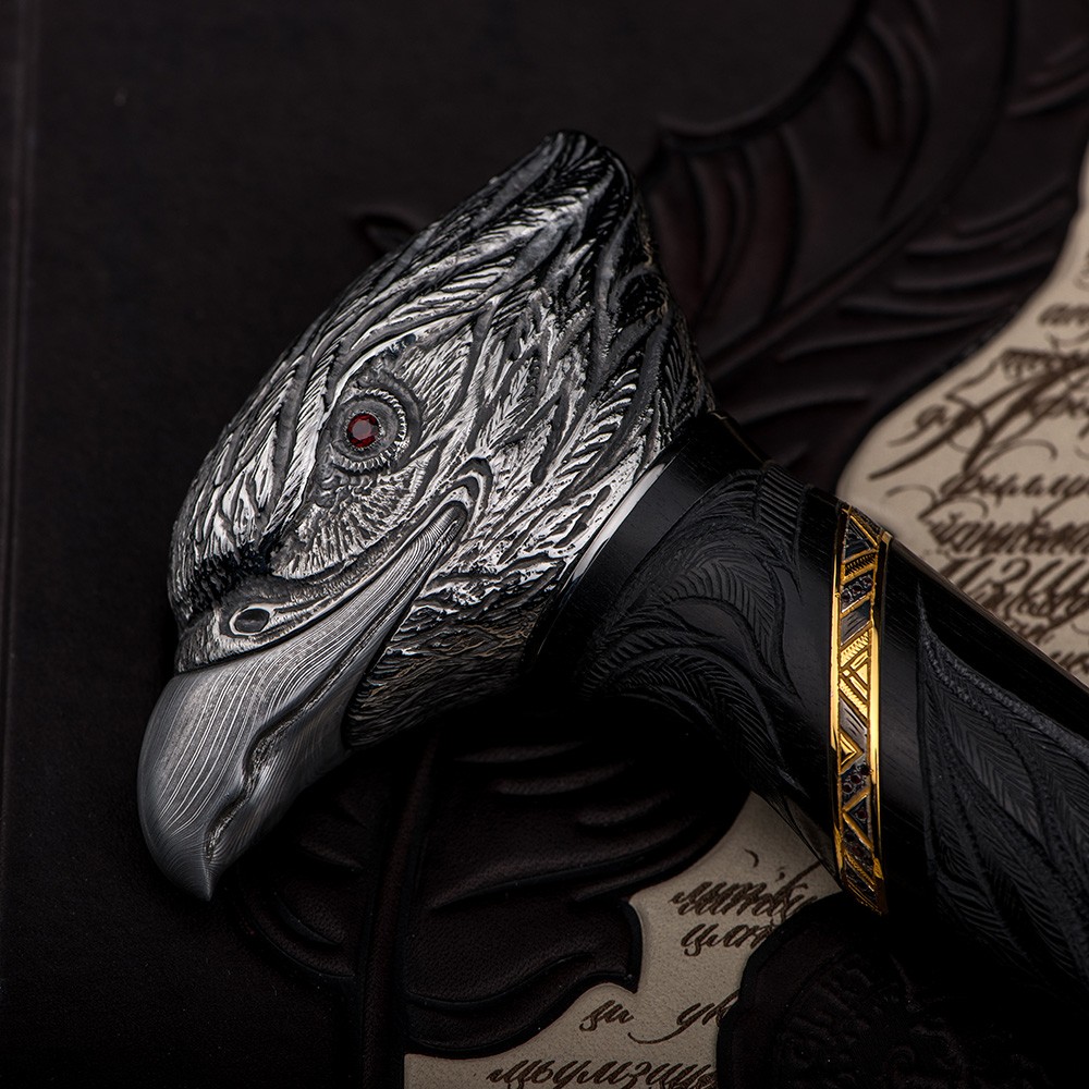 The handle of a cane in the form of a silver head of an eagle. Luxurious author's work of the Zlatoust masters.