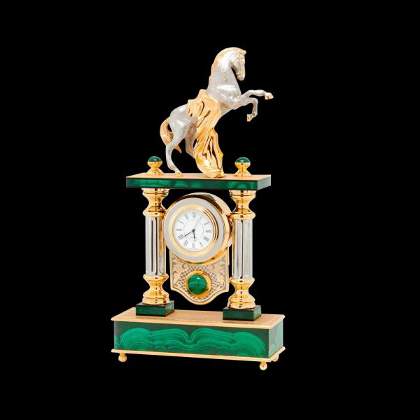 Malachite watch with a silver horse. The exquisite work of Russian masters.