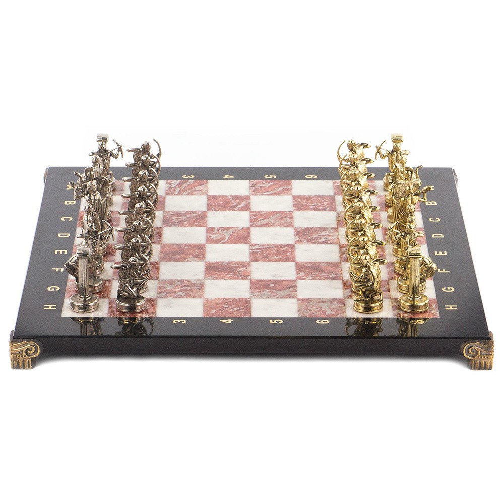 Chess is small – 36 x 36 cm. The pieces are cast from metal and plated with nickel and gold. When gilded, the pieces are less susceptible to aggressive external influences, oxidation and corrosion. The usual pieces of the king, knight and others are replaced by the sculptures of mythology of Ancient Greece, such as Zeus, centaurs.
