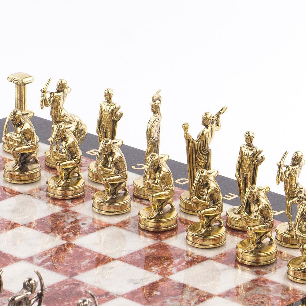 Golden chess pieces of the Greek gods.