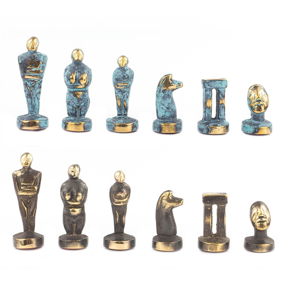 The pieces are cast from brass and tinted to look like antique. Such items will also be of interest to collectors of chess pieces.