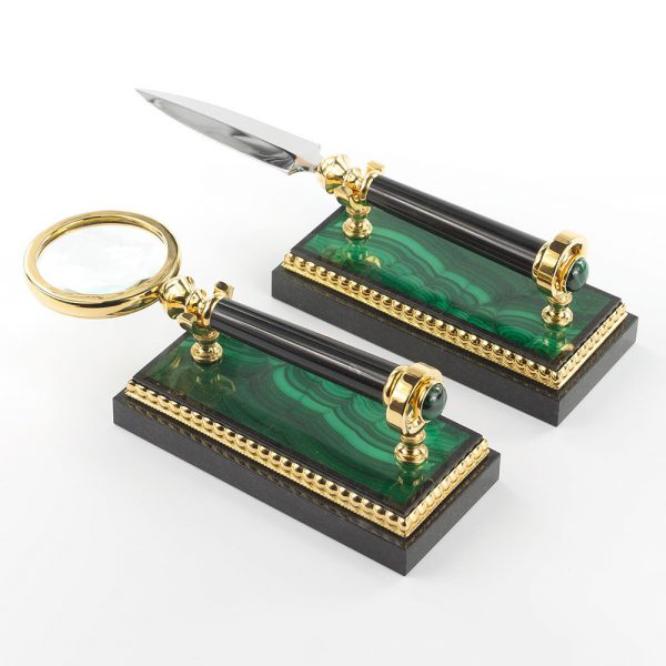Classic desktop elements - Magnifier and handmade office knife. The items are flogged with gold and mounted on stone bases made of malachite
