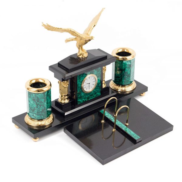 Small office set made of natural stone with a golden eagle. Great corporate gift option