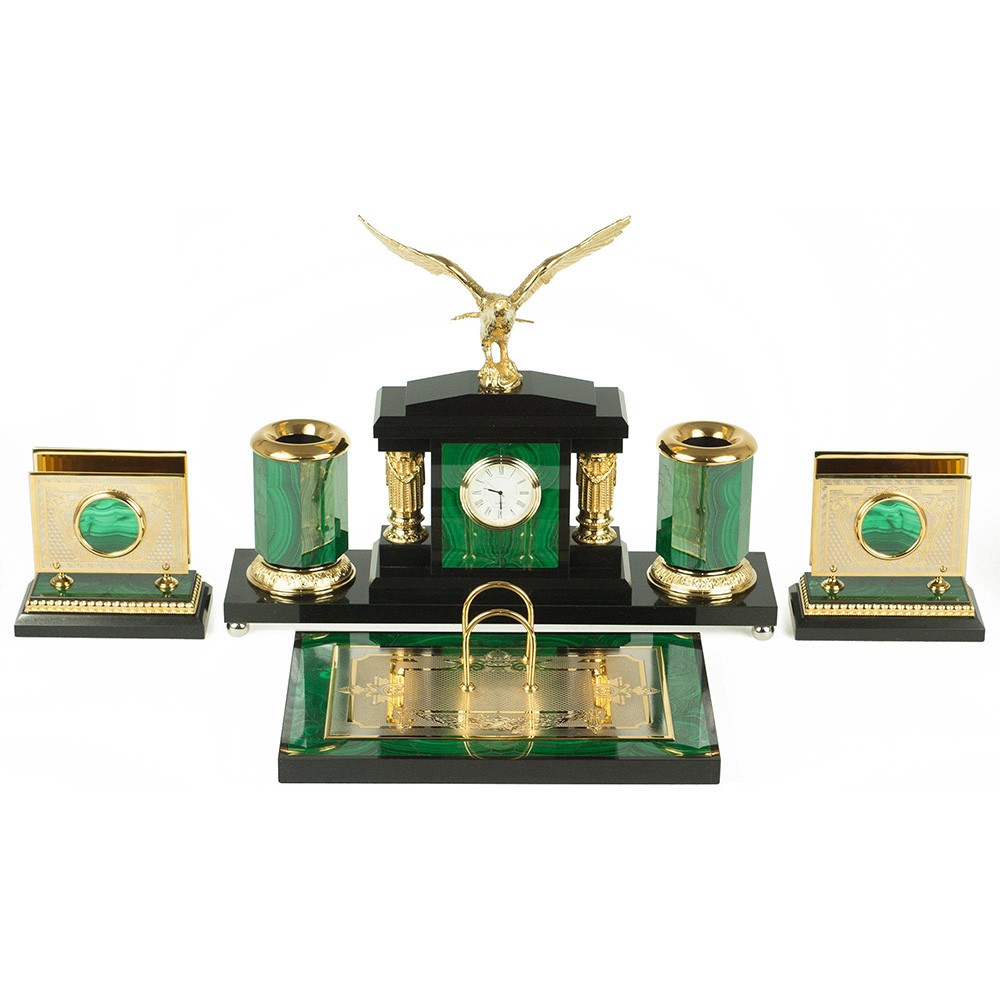 A writing set for a study. Made of green malachite stone and black dolletite stone