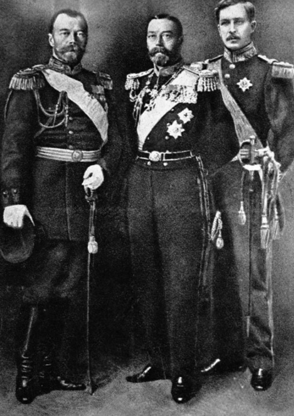 Russian Emperor Nicholas II (right), King of England Georg V (center) and King of Belgium Albert (left)