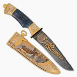 knife with wooden handle and gold sheath
