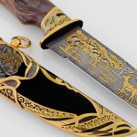 Damascus steel knife and scabbard with "window"